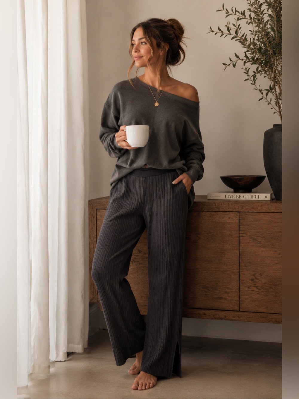 Calligraphie Grey Ribbed Knit Wide Leg Pants Ankle Slit Large